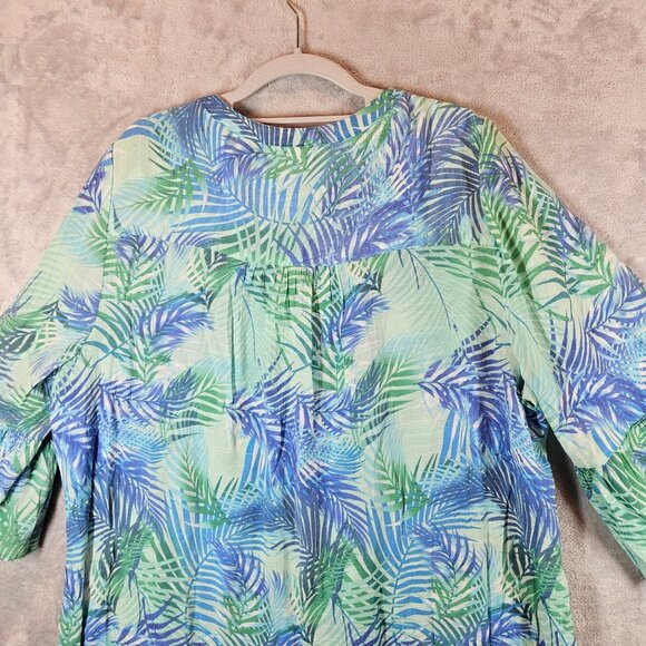 Catherines Blouse 1X Womens Bell Sleeve Top Blue Green Leaf Print Gauzy Peasant - Picture 6 of 14